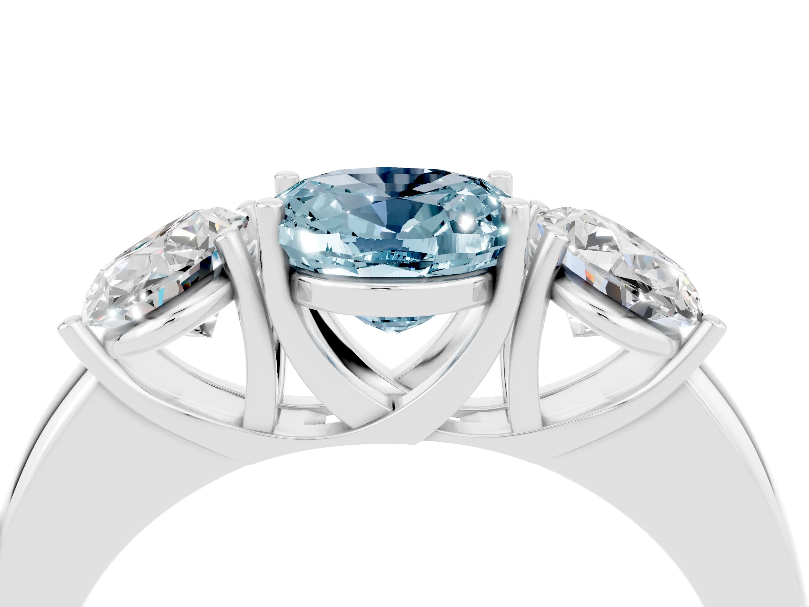 White gold Oval Cut Aquamarine Three-Stone Ring with Four-Prong Setting and Classic Band_4