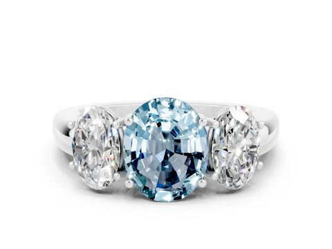 White gold Oval Cut Aquamarine Three-Stone Ring with Four-Prong Setting and Classic Band