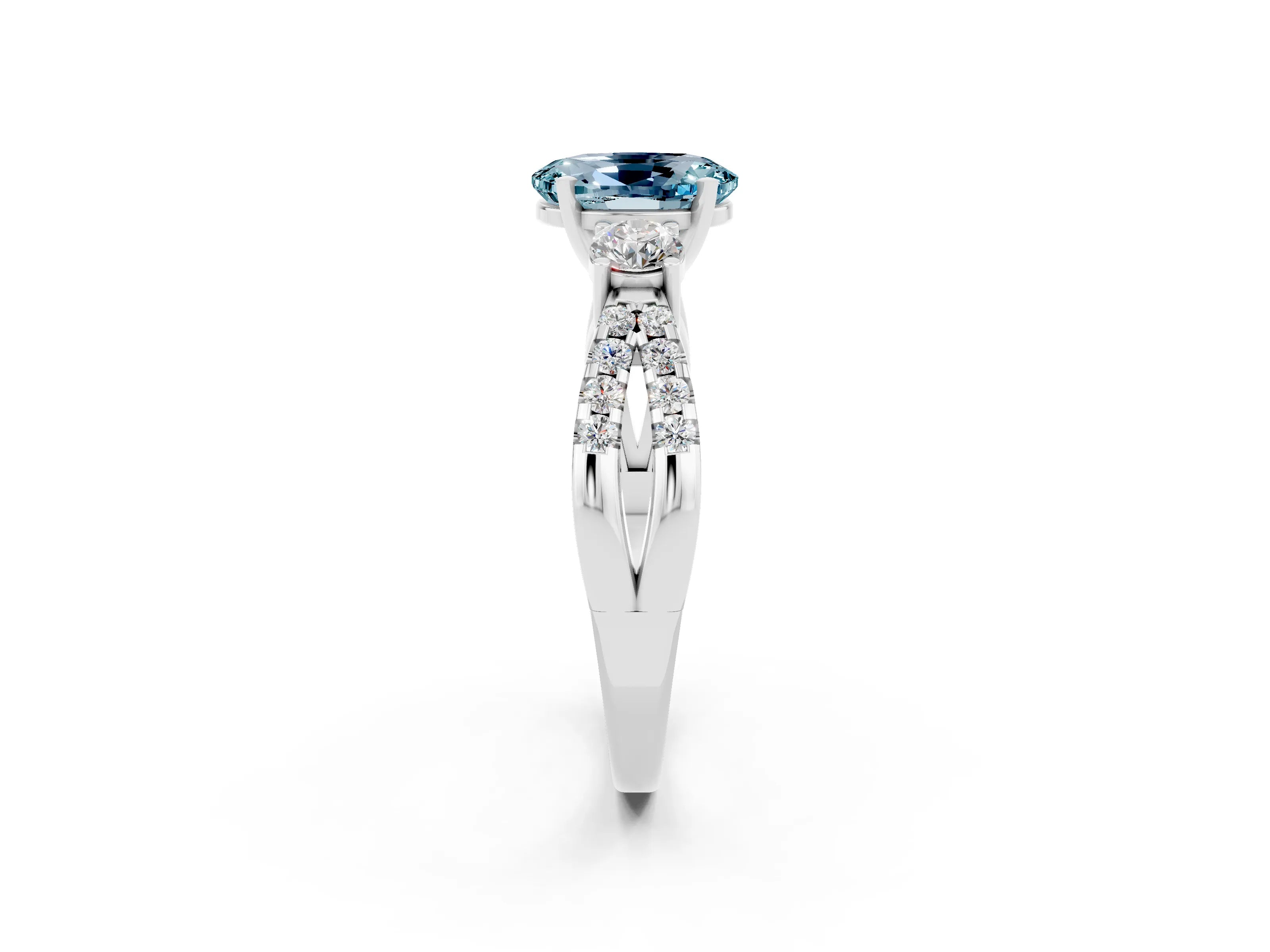 White gold Oval Cut Aquamarine Three-Stone Ring with Pavé Split Shank and Four-Prong Setting_14