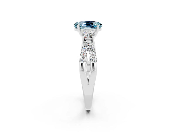 White gold Oval Cut Aquamarine Three-Stone Ring with Pavé Split Shank and Four-Prong Setting
