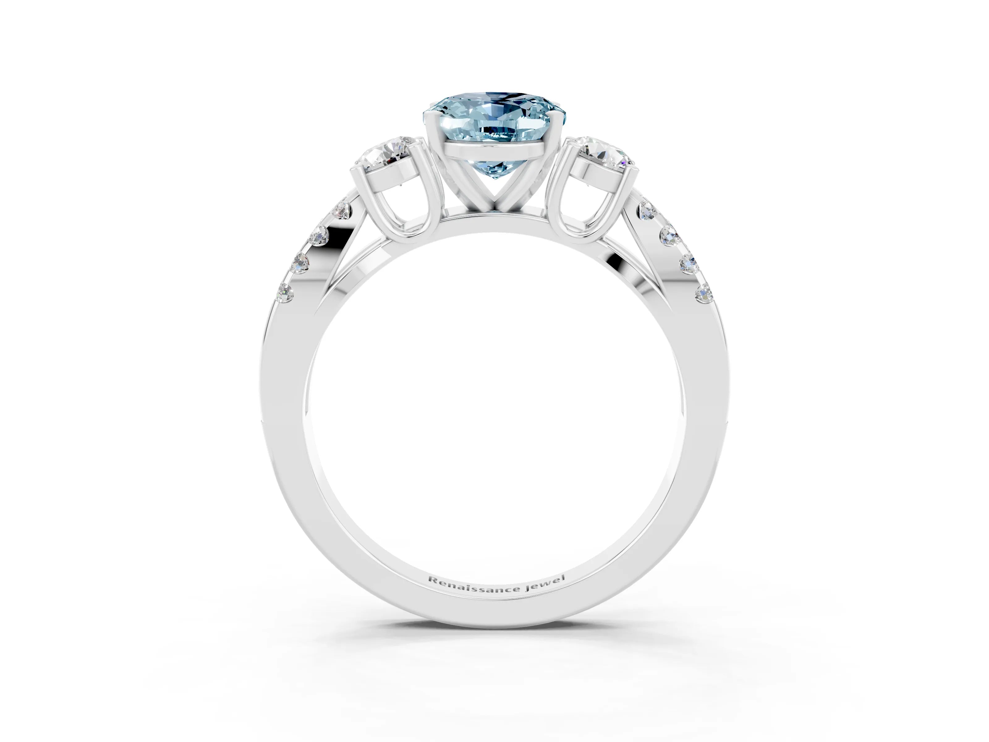 White gold Oval Cut Aquamarine Three-Stone Ring with Pavé Split Shank and Four-Prong Setting_15