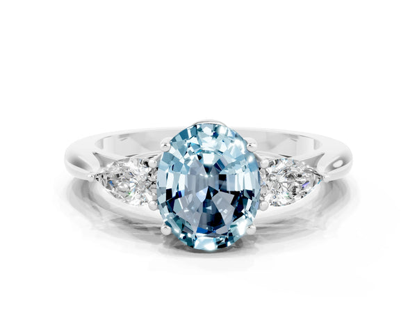 White gold Oval Cut Aquamarine Three-Stone Ring with Pear  Side Stones and Prong Setting