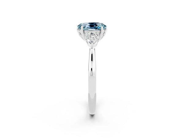 Silver Oval Cut Aquamarine Three-Stone Ring with Pear  Side Stones and Prong Setting