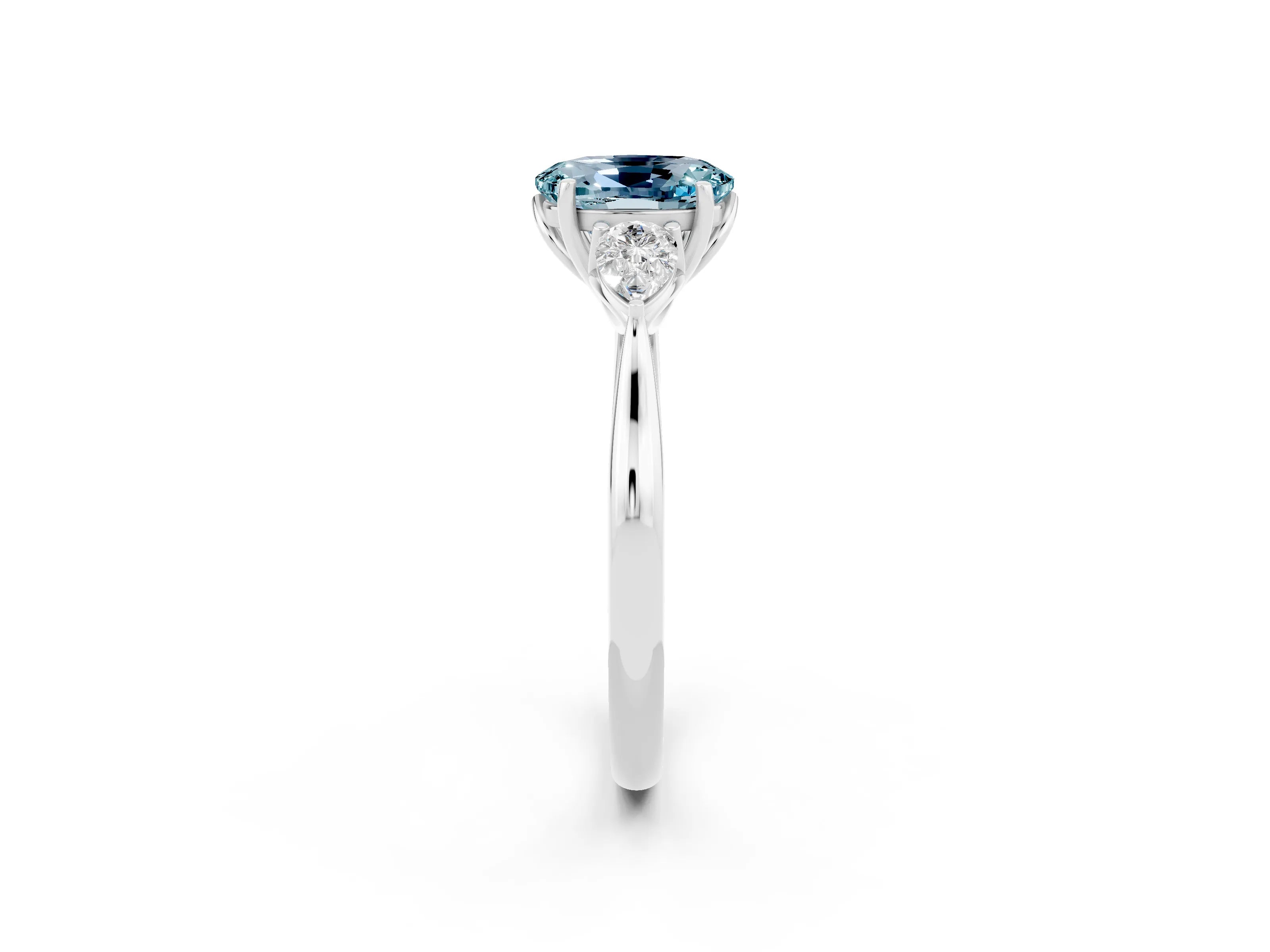 White gold Oval Cut Aquamarine Three-Stone Ring with Pear Side Stones and Four-Prong Setting_14