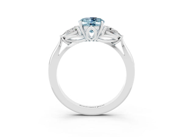 White gold Oval Cut Aquamarine Three-Stone Ring with Pear  Side Stones and Prong Setting