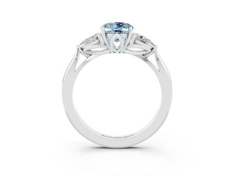 White gold Oval Cut Aquamarine Three-Stone Ring with Pear Side Stones and Four-Prong Setting_15