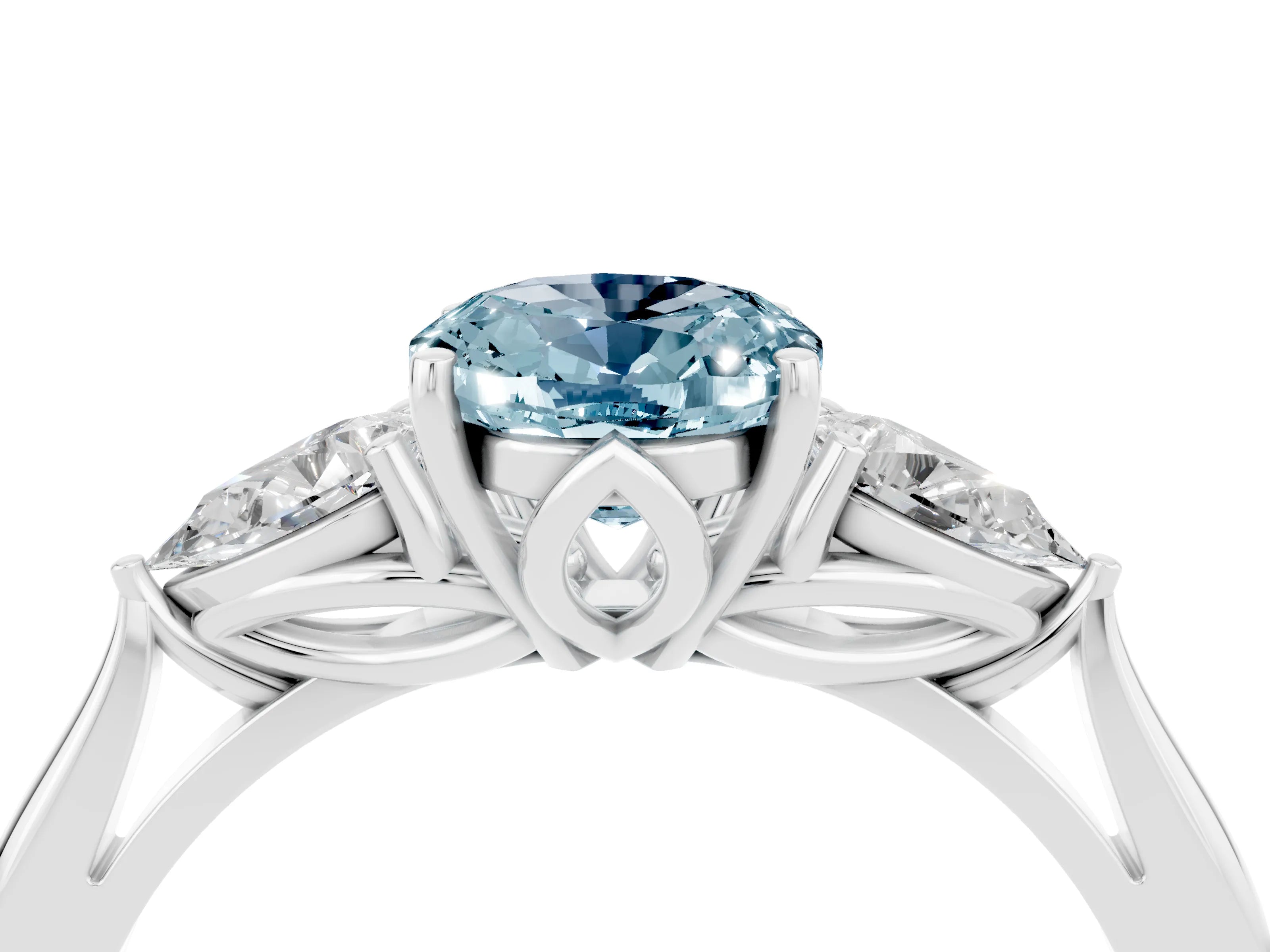 White gold Oval Cut Aquamarine Three-Stone Ring with Pear Side Stones and Four-Prong Setting_16