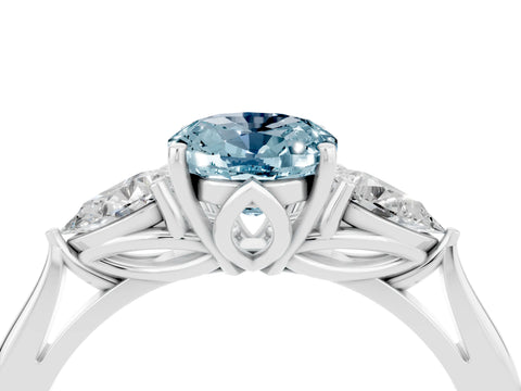White gold Oval Cut Aquamarine Three-Stone Ring with Pear Side Stones and Four-Prong Setting_16