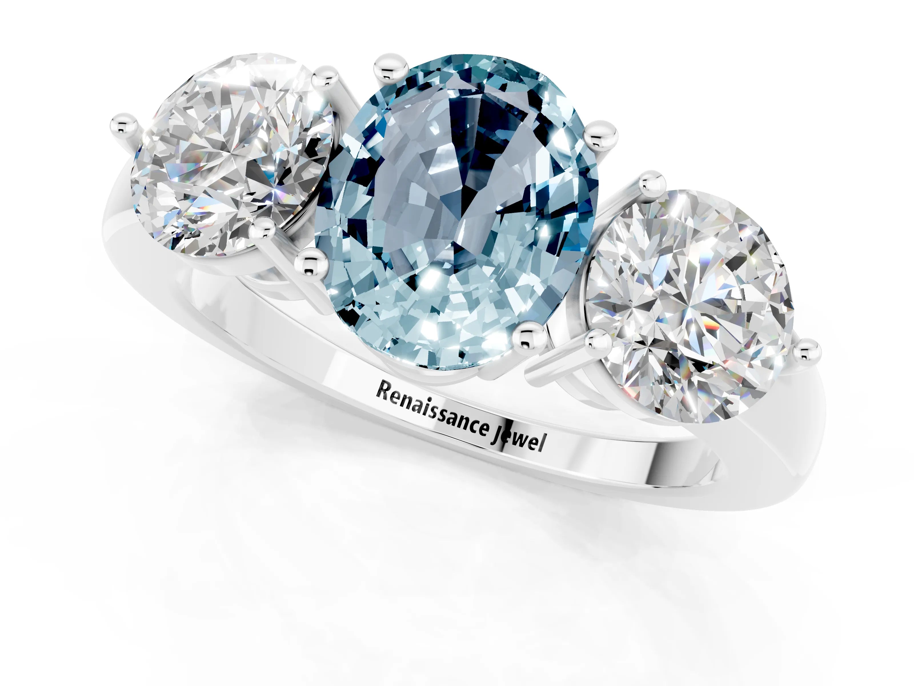 White gold Oval Cut Aquamarine Three-Stone Ring with Prong Setting and Classic Band_1