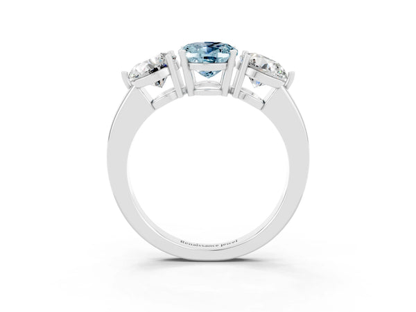 Silver Oval Cut Aquamarine Three-Stone Ring with Prong Setting and Classic Band