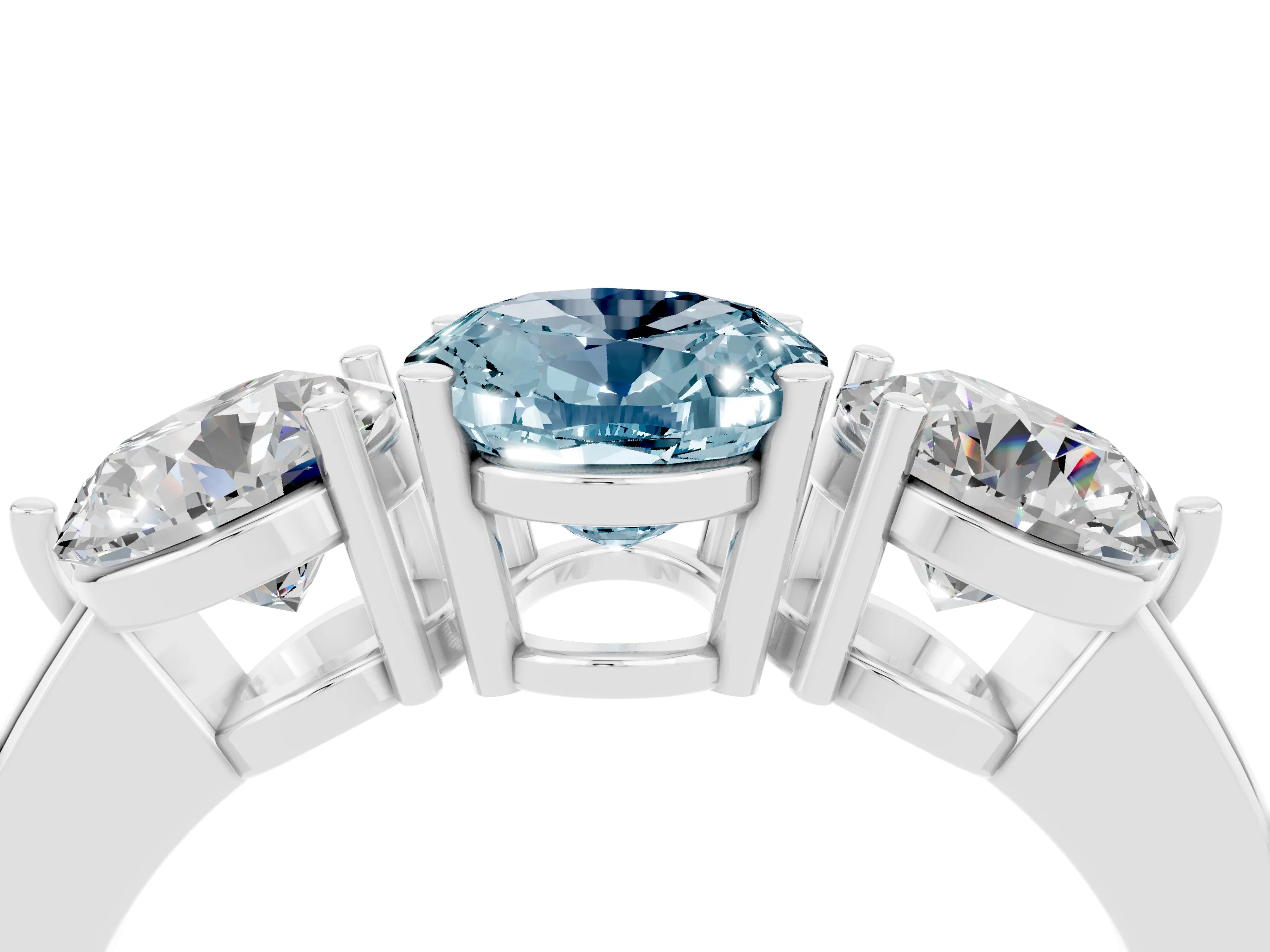 White gold Oval Cut Aquamarine Three-Stone Ring with Prong Setting and Classic Band_4