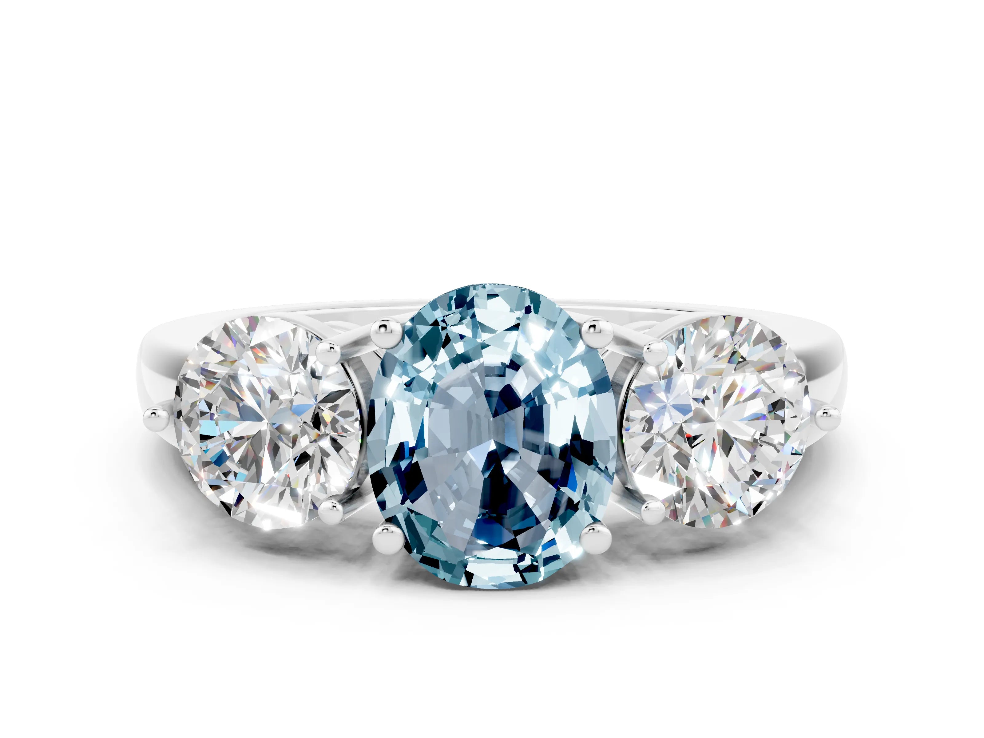 White gold Oval Cut Aquamarine Three-Stone Ring with Prong Setting and Classic Band