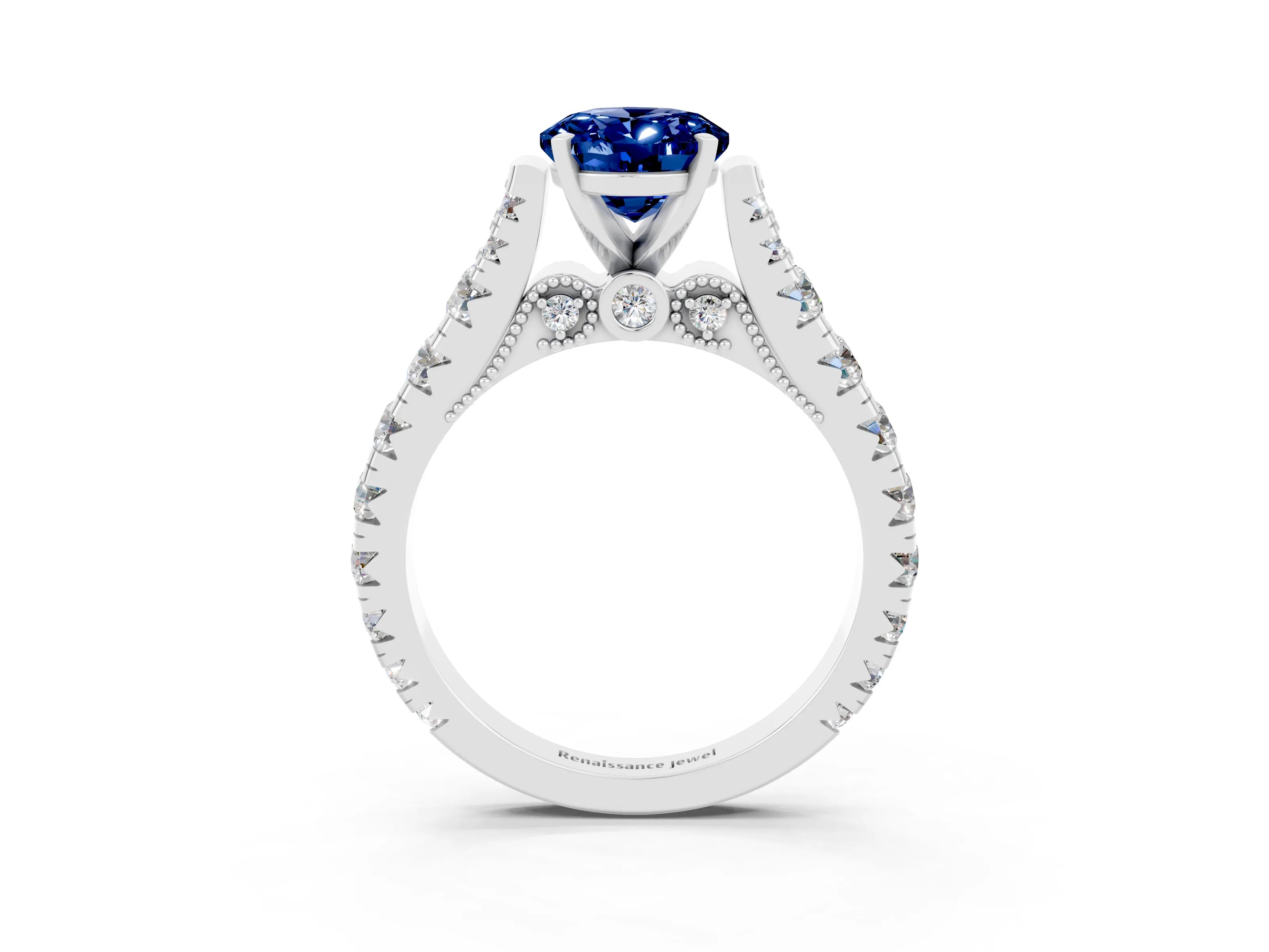 White gold Oval Cut Blue Sapphire Classic Solitaire Ring with Pavé Band and Four-Prong Setting_3