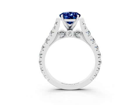 White gold Oval Cut Blue Sapphire Classic Solitaire Ring with Pavé Band and Four-Prong Setting_3