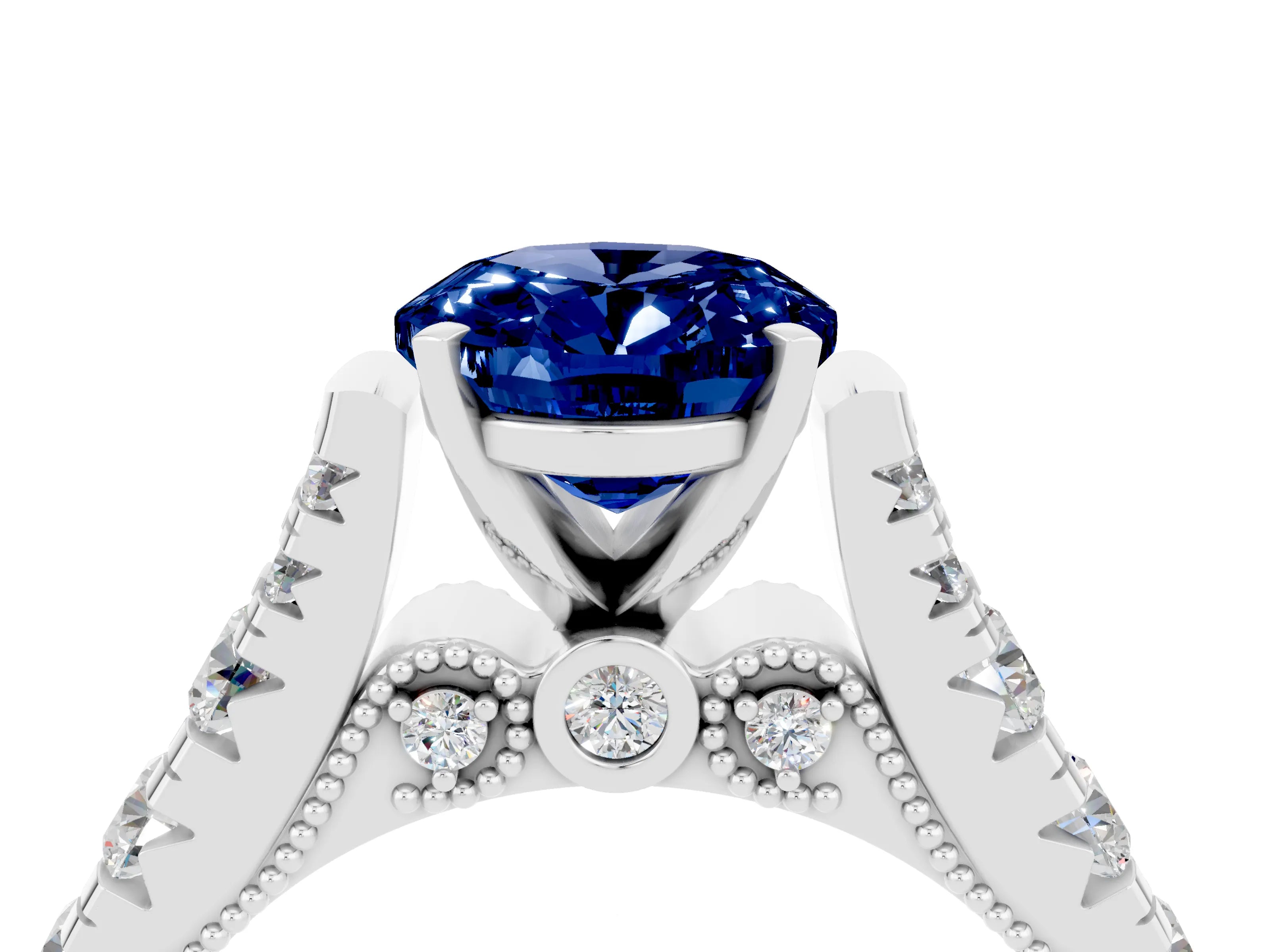 White gold Oval Cut Blue Sapphire Classic Solitaire Ring with Pavé Band and Four-Prong Setting_4