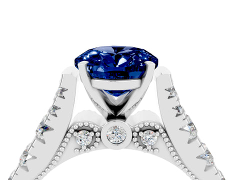 White gold Oval Cut Blue Sapphire Classic Solitaire Ring with Pavé Band and Four-Prong Setting_4