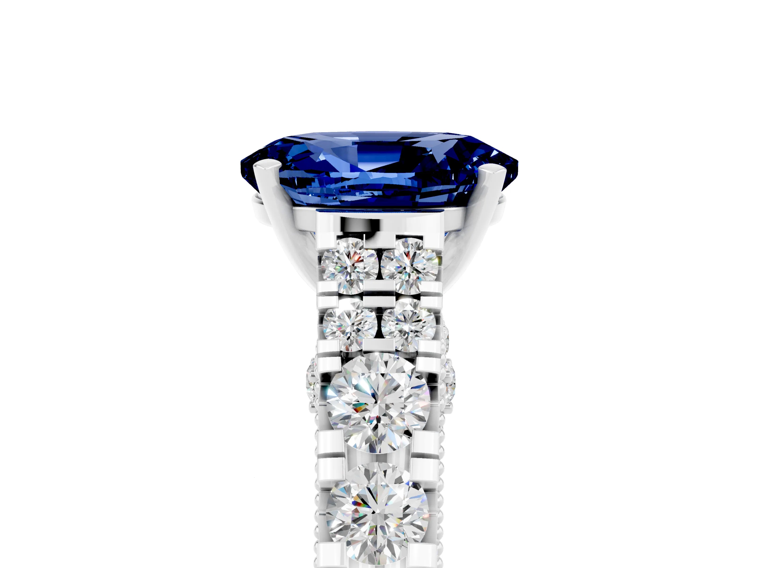 White gold Oval Cut Blue Sapphire Classic Solitaire Ring with Pavé Band and Four-Prong Setting_5