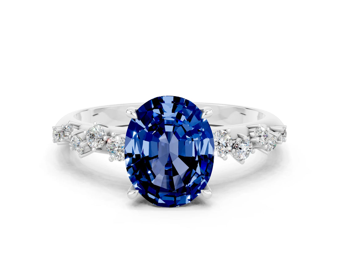 White gold Oval Cut Blue Sapphire Cluster Side Stone Solitaire Ring with Prong Setting_24