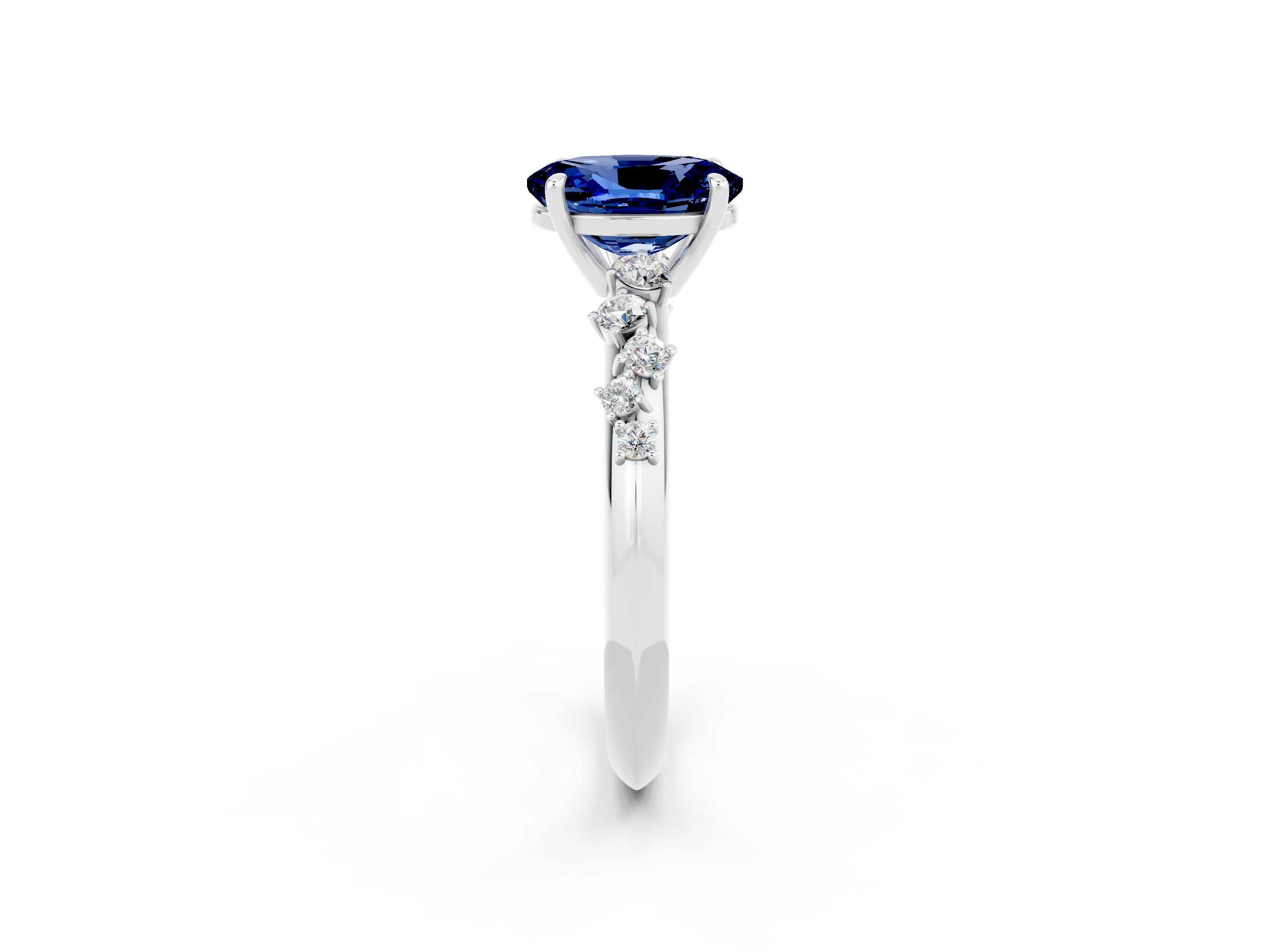 White gold Oval Cut Blue Sapphire Cluster Side Stone Solitaire Ring with Prong Setting_26
