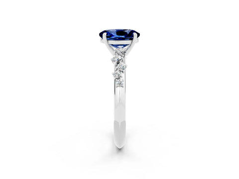 White gold Oval Cut Blue Sapphire Cluster Side Stone Solitaire Ring with Prong Setting_26