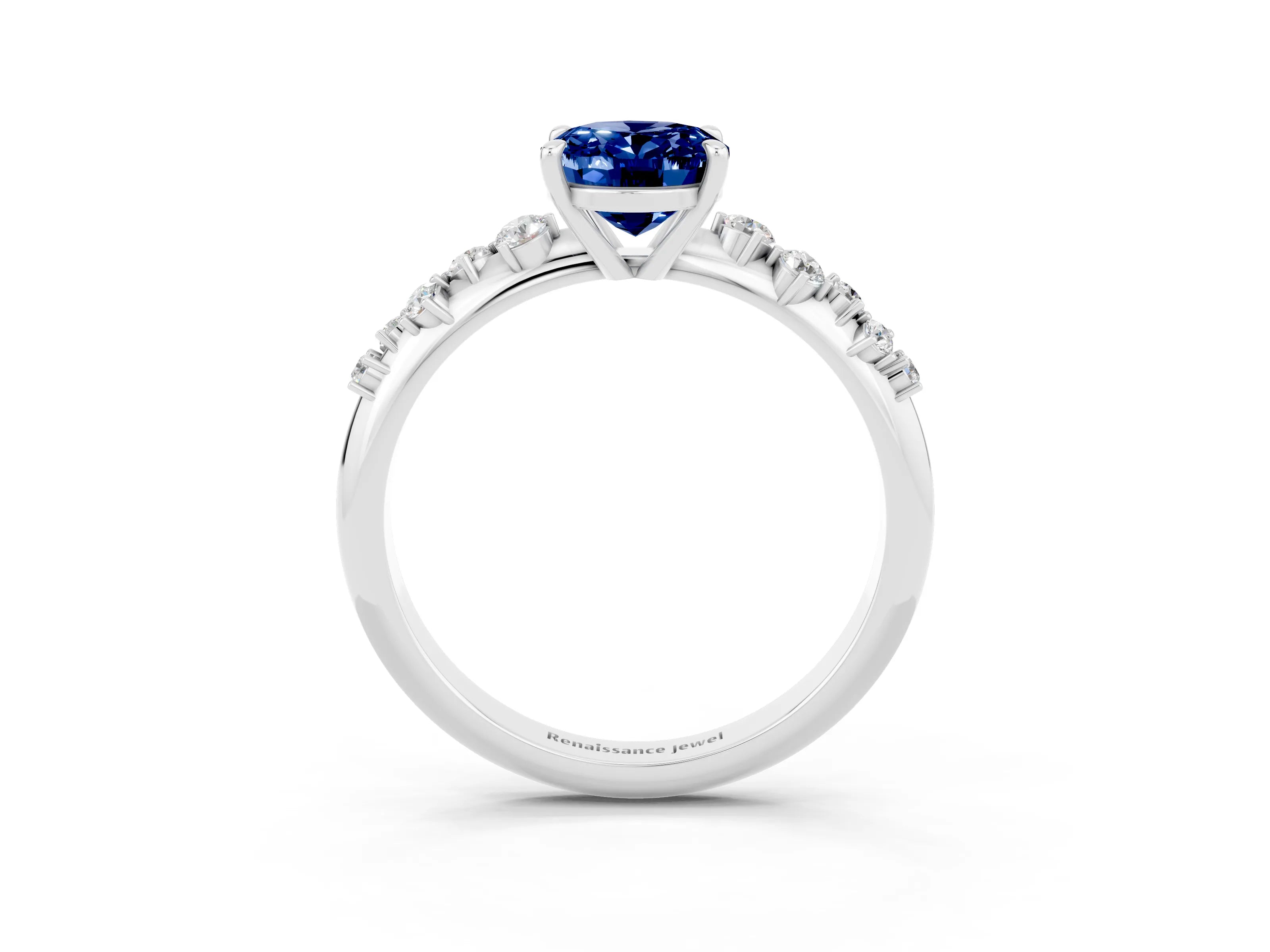 White gold Oval Cut Blue Sapphire Cluster Side Stone Solitaire Ring with Prong Setting_27
