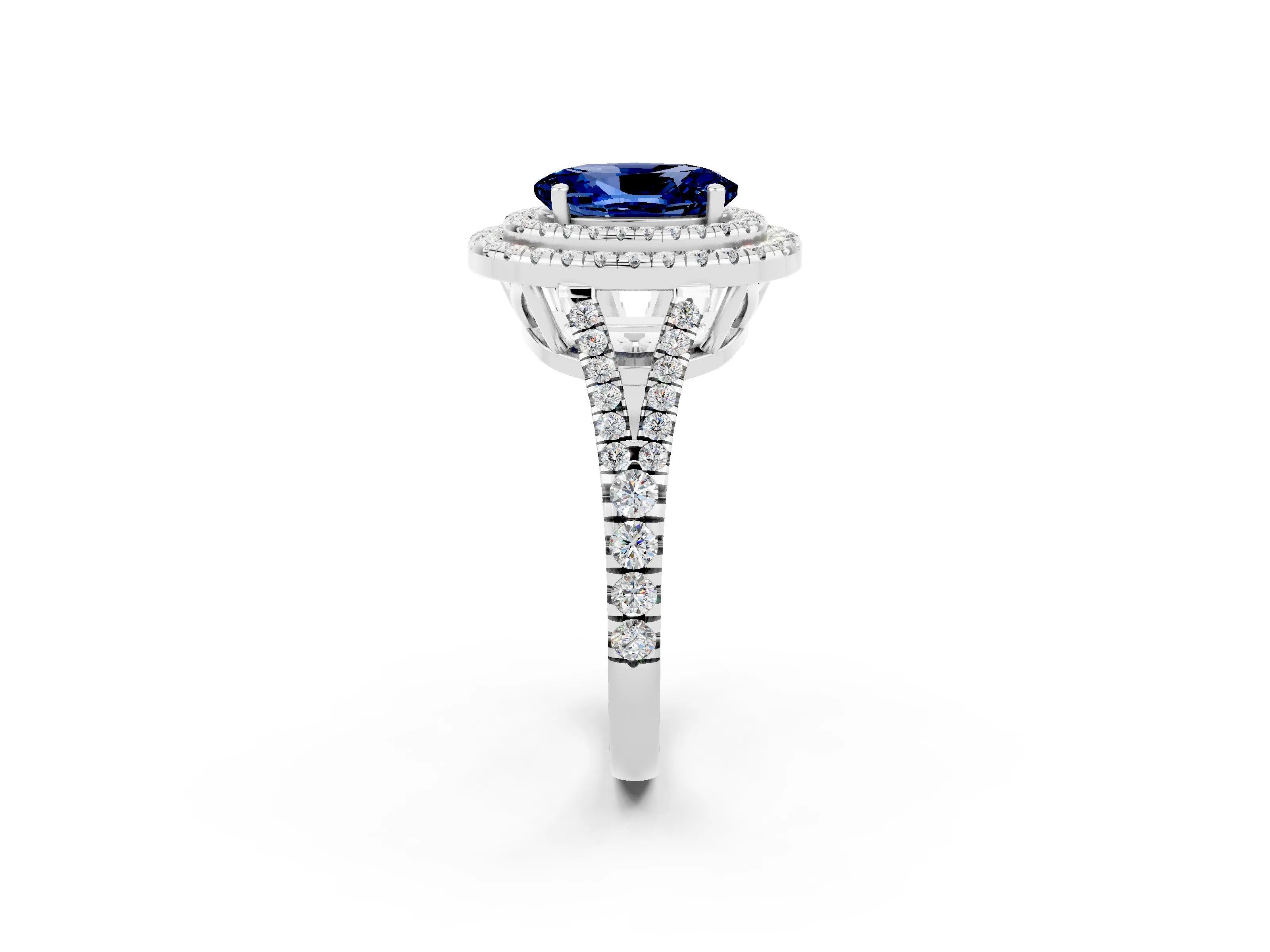 White gold Oval Cut Blue Sapphire Double Halo Ring with Pavé Band and Prong Setting_14