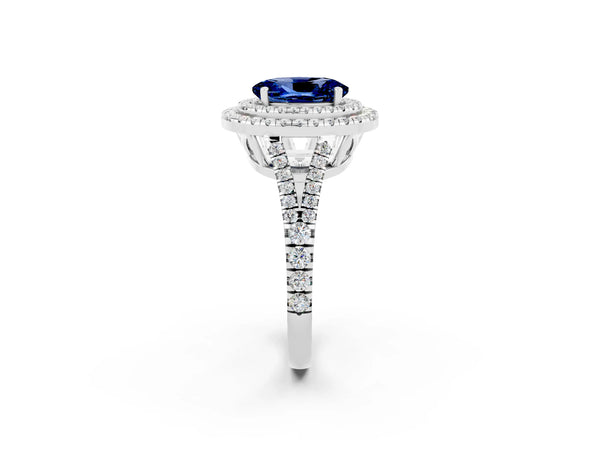 White gold Oval Cut Blue Sapphire Double Halo Ring with Pavé Band and Prong Setting
