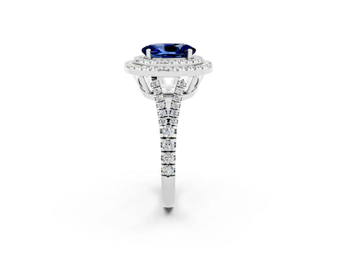 White gold Oval Cut Blue Sapphire Double Halo Ring with Pavé Band and Prong Setting_14