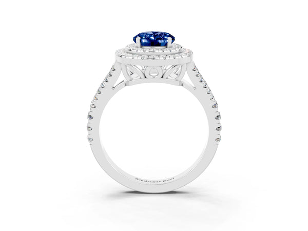 White gold Oval Cut Blue Sapphire Double Halo Ring with Pavé Band and Prong Setting