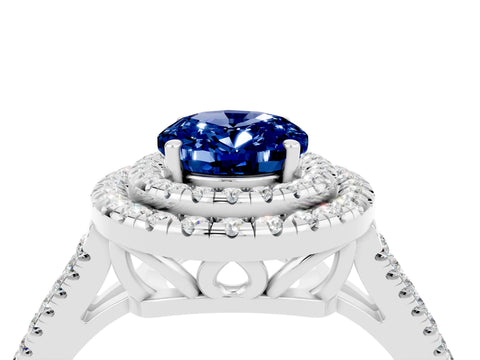 White gold Oval Cut Blue Sapphire Double Halo Ring with Pavé Band and Prong Setting_16