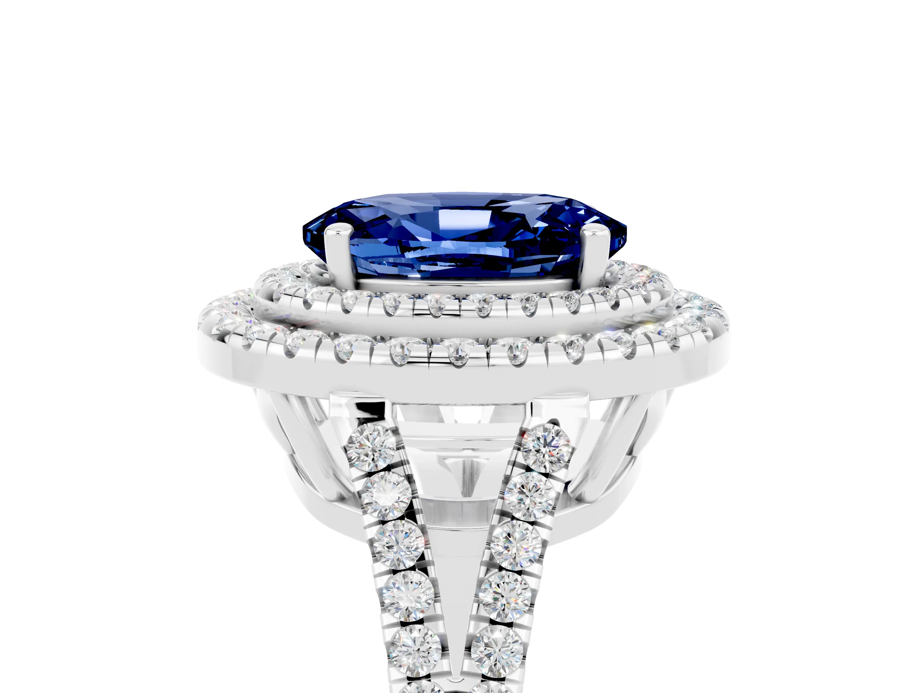 White gold Oval Cut Blue Sapphire Double Halo Ring with Pavé Band and Prong Setting_17