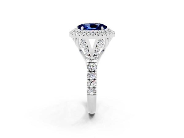 Platinum Oval Cut Blue Sapphire Double Halo Ring with Split Shank and Prong Setting