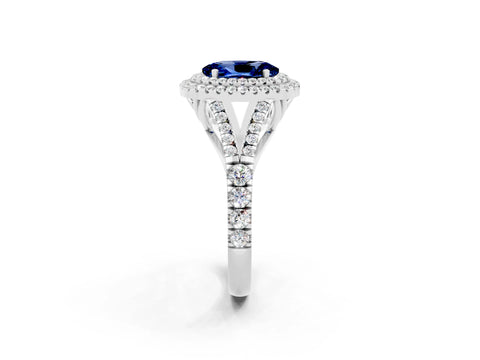 White gold Oval Cut Blue Sapphire Double Halo Ring with Split Shank and Prong Setting_14