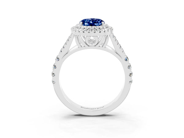 Platinum Oval Cut Blue Sapphire Double Halo Ring with Split Shank and Prong Setting