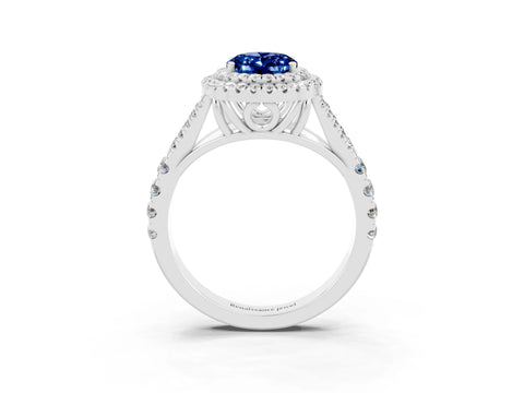 White gold Oval Cut Blue Sapphire Double Halo Ring with Split Shank and Prong Setting_15
