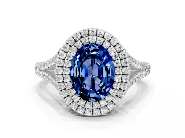 White gold Oval Cut Blue Sapphire Double Halo Ring with Split Shank and Prong Setting