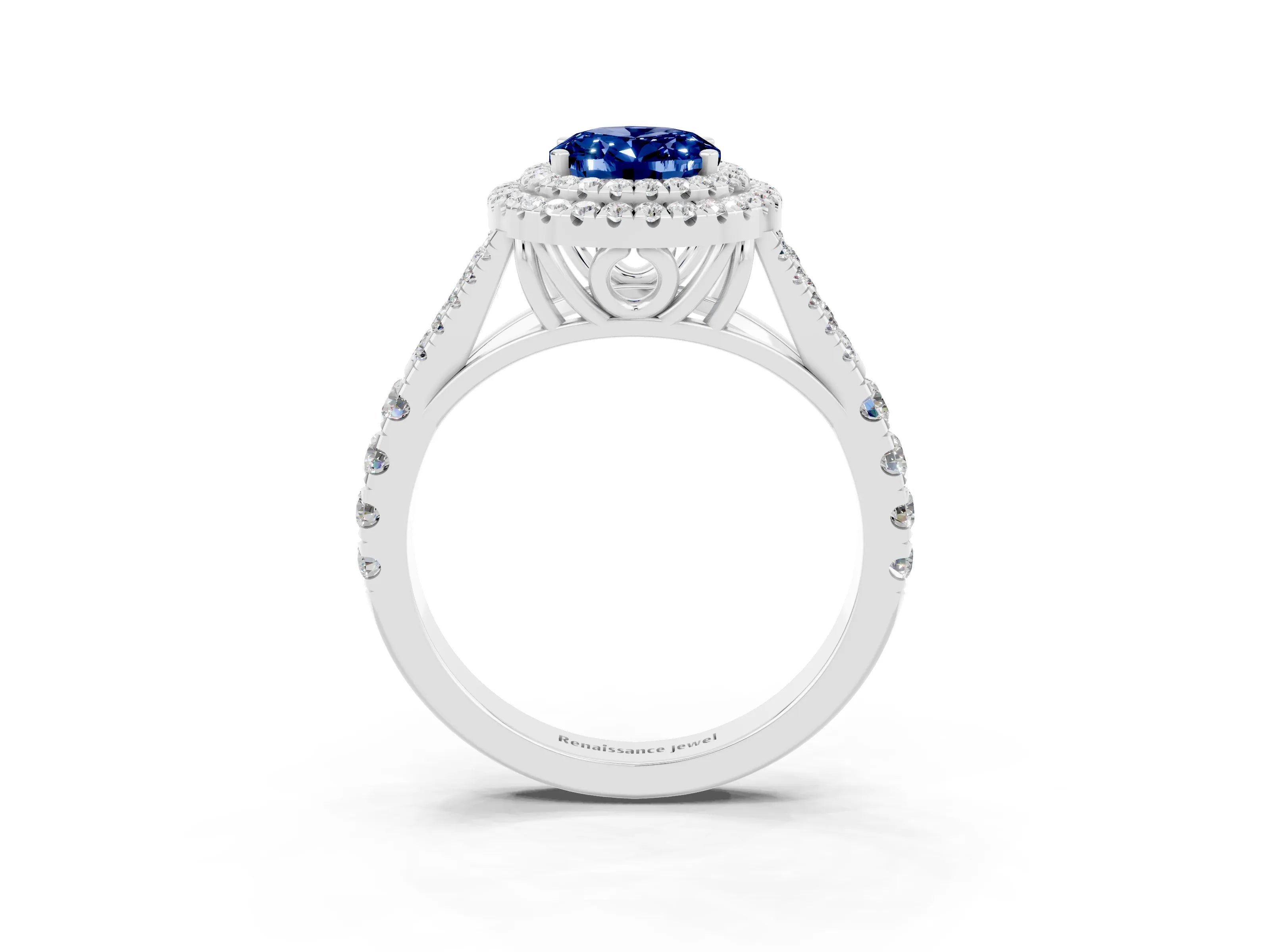White gold Oval Cut Blue Sapphire Double Halo Ring with Split Shank and Prong Setting_27