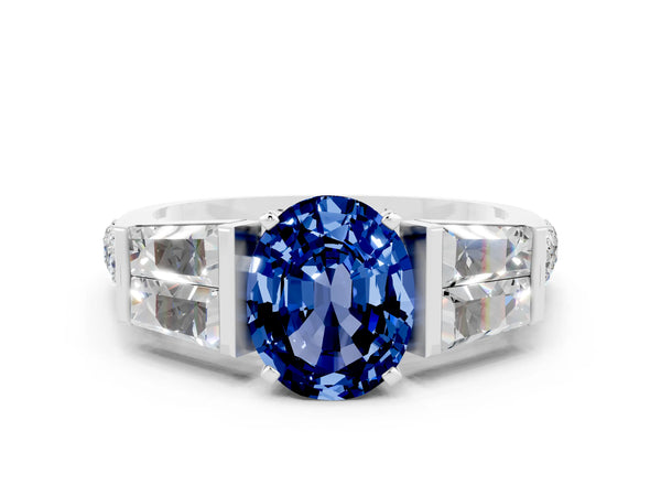 Platinum Oval Cut Blue Sapphire Engagement Ring with Baguette Side Stones and Channel Set Band