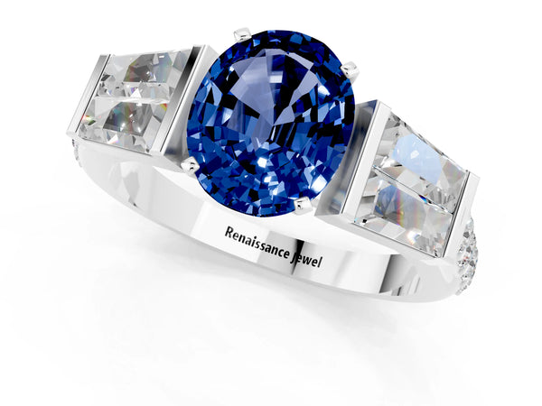 White gold Oval Cut Blue Sapphire Engagement Ring with Baguette Side Stones and Channel Set Band