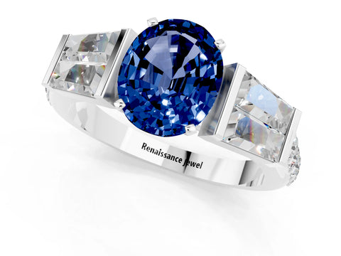 White gold Oval Cut Blue Sapphire Engagement Ring with Baguette Side Stones and Channel Set Band_1