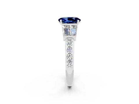 White gold Oval Cut Blue Sapphire Engagement Ring with Baguette Side Stones and Channel Set Band_2