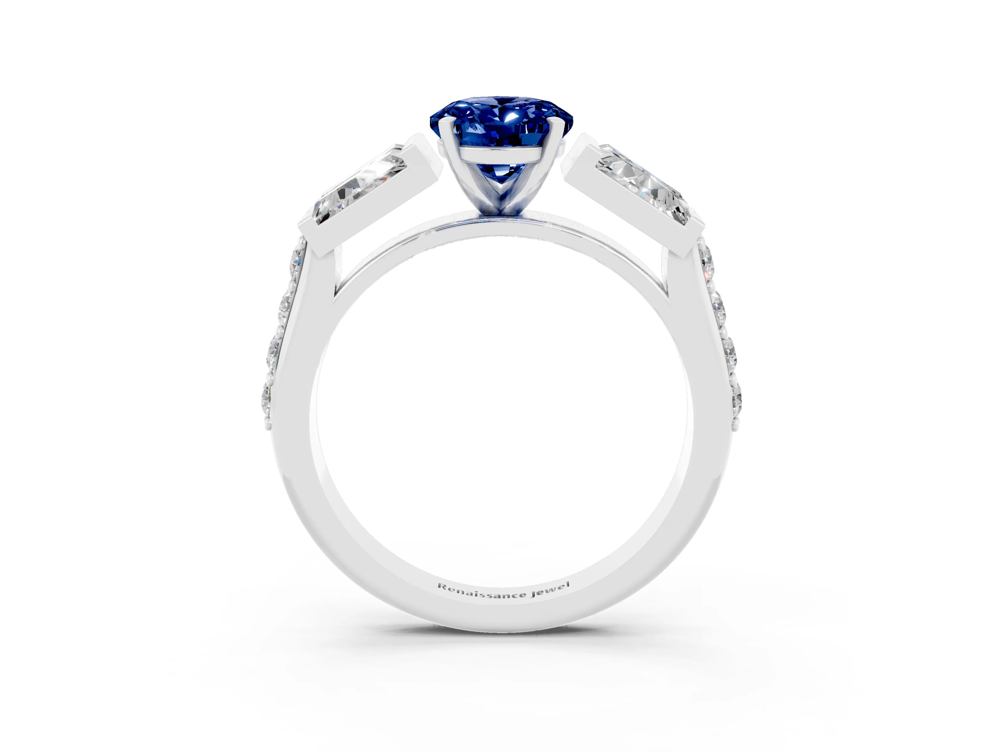 White gold Oval Cut Blue Sapphire Engagement Ring with Baguette Side Stones and Channel Set Band_3