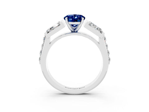 White gold Oval Cut Blue Sapphire Engagement Ring with Baguette Side Stones and Channel Set Band_3