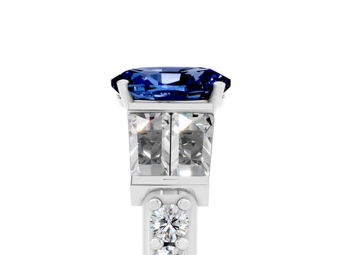 White gold Oval Cut Blue Sapphire Engagement Ring with Baguette Side Stones and Channel Set Band_5