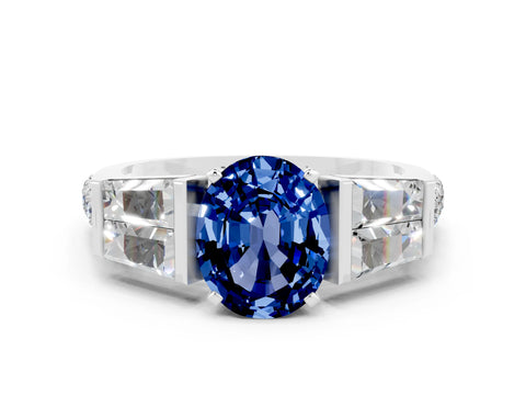 White gold Oval Cut Blue Sapphire Engagement Ring with Baguette Side Stones and Channel Set Band