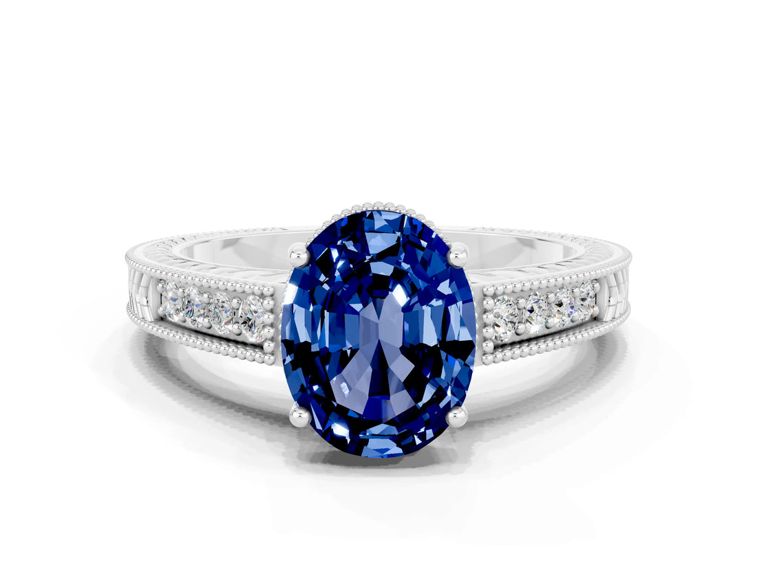 White gold Oval Cut Blue Sapphire Engagement Ring with Milgrain Channel Set Band and Prong Setting