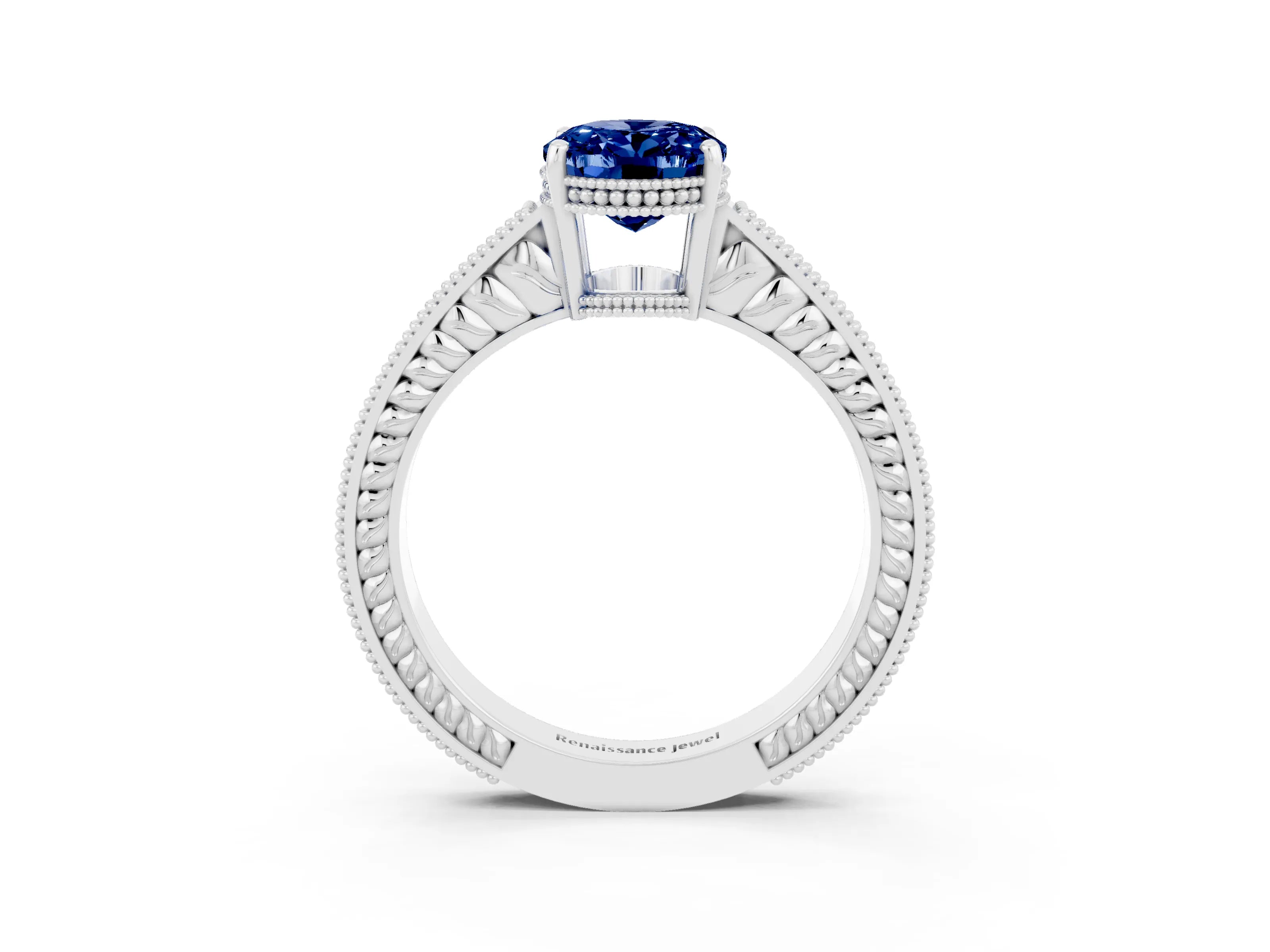 White gold Oval Cut Blue Sapphire Engagement Ring with Milgrain Channel Set Band and Prong Setting_3