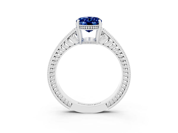 Platinum Oval Cut Blue Sapphire Engagement Ring with Milgrain Channel Set Band and Prong Setting