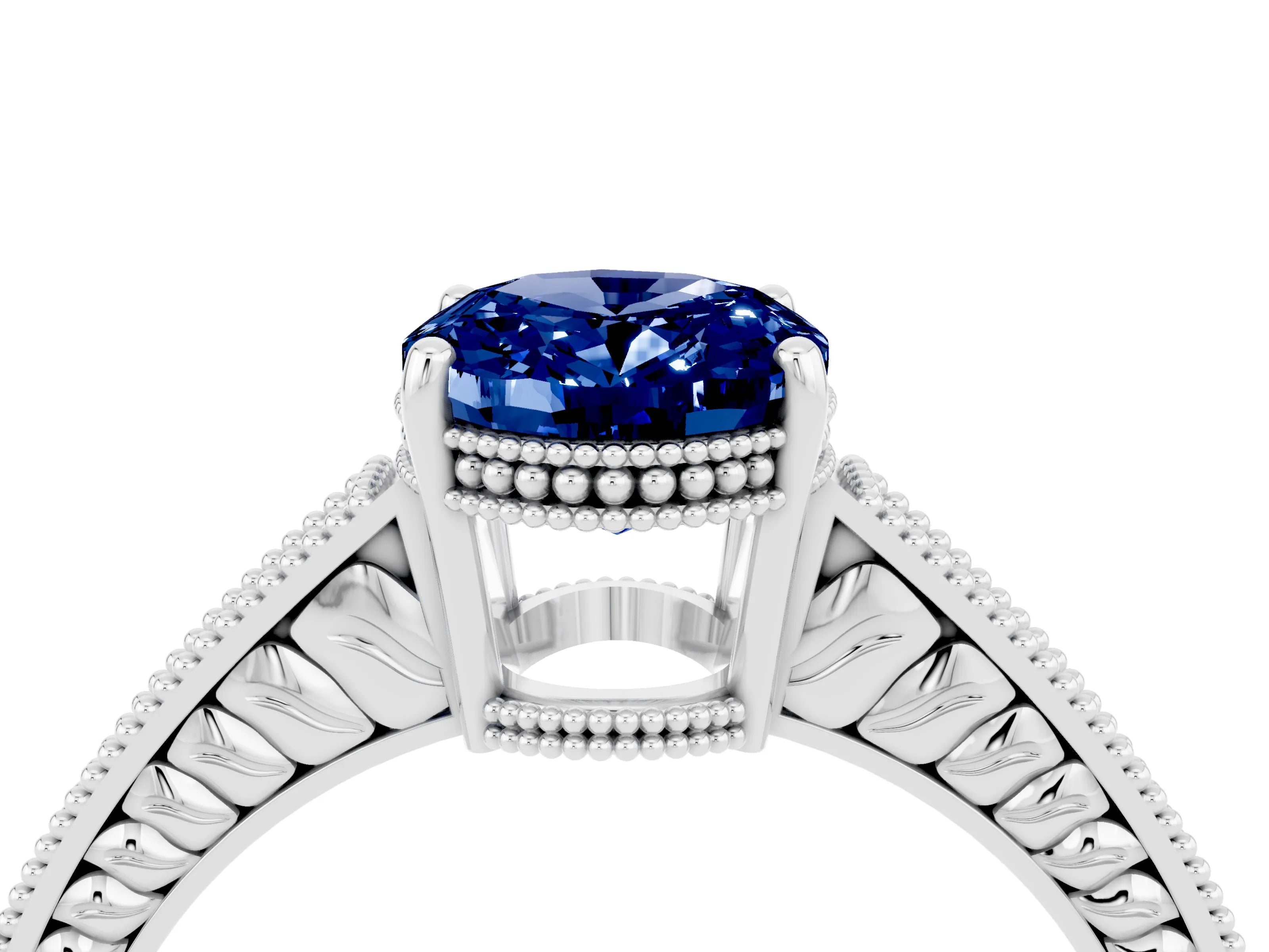 White gold Oval Cut Blue Sapphire Engagement Ring with Milgrain Channel Set Band and Prong Setting_4