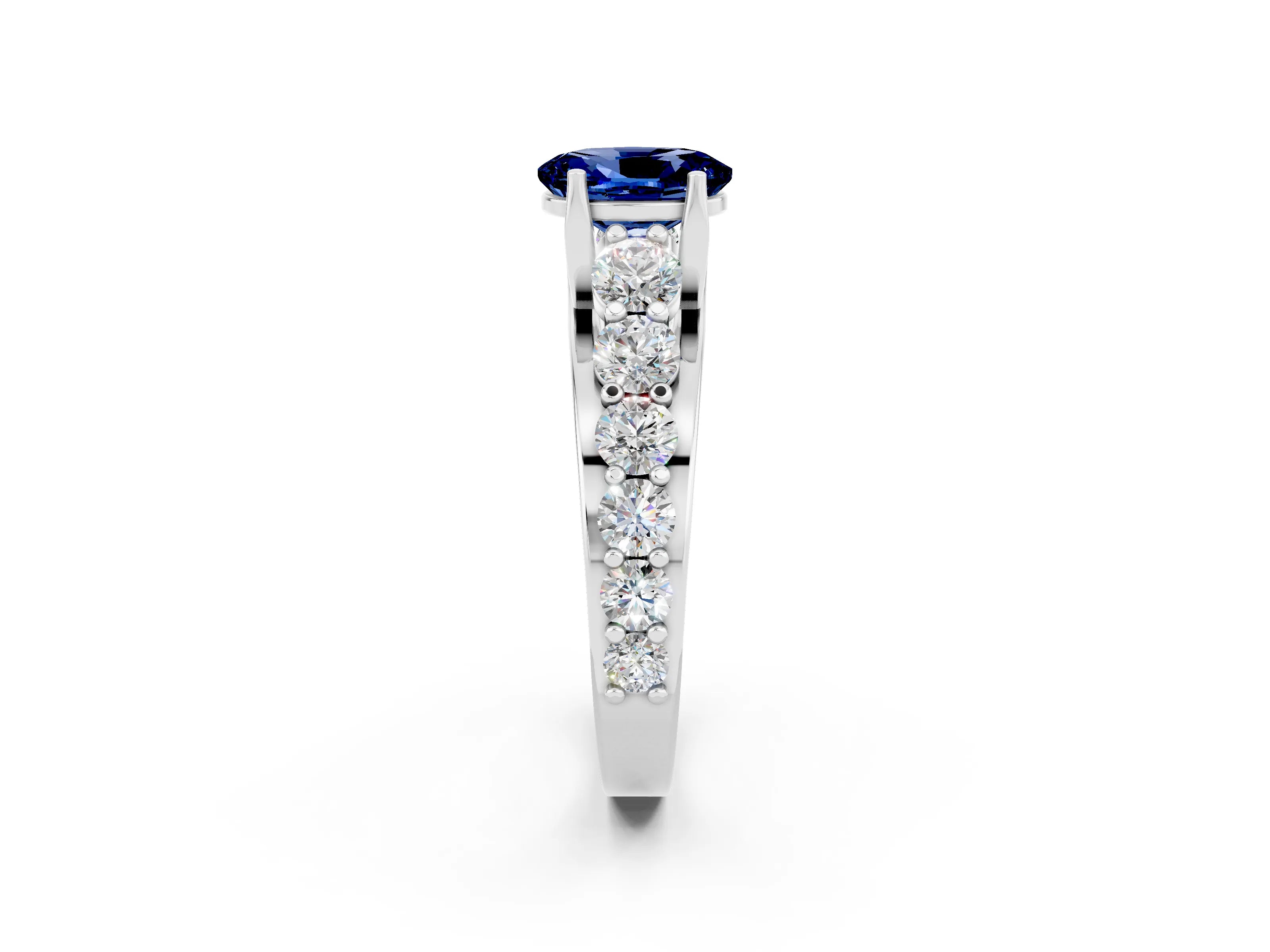 White gold Oval Cut Blue Sapphire Engagement Ring with Pavé Band and Four-Prong Setting_2